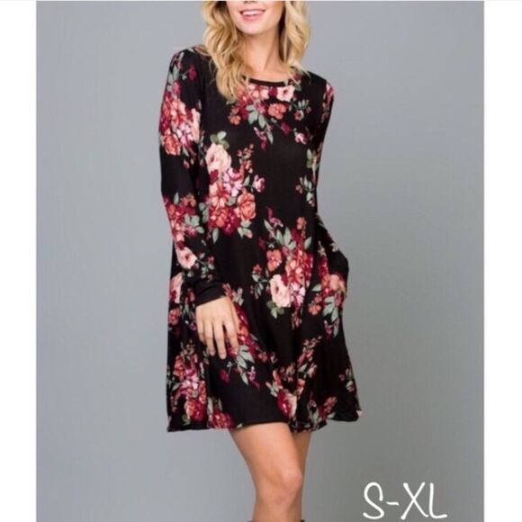 Black Long Sleeve Oversized Floral Patter A-Line Dress EMR Pocket Dress - Picture 1 of 9